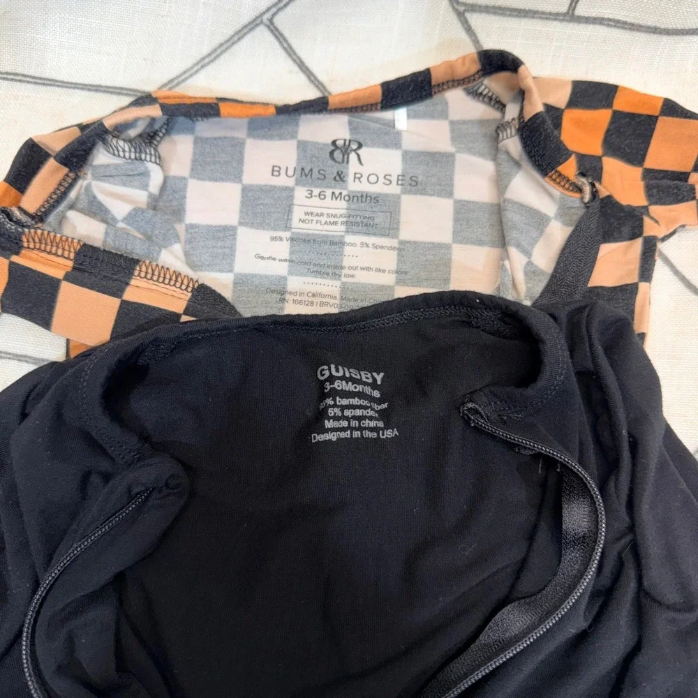 Bums & Roses Guisby Footie Sleepers 3-6 Months Black Orange Checkered Bamboo Set